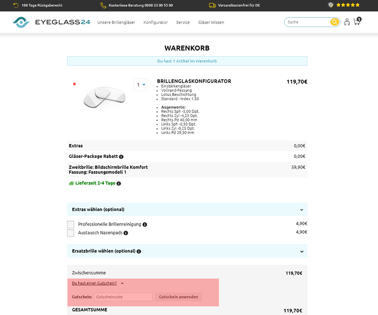 wie ist ein Eyeglass24 Gutscheincode einzulösen