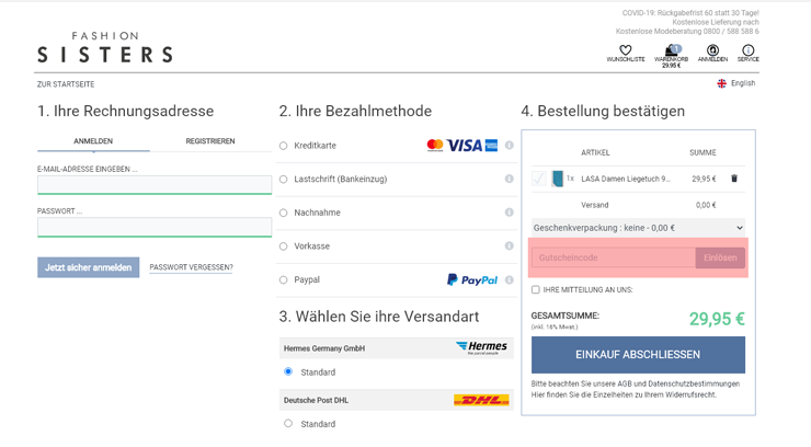 wie ist ein FashionSisters Gutscheincode einzulösen