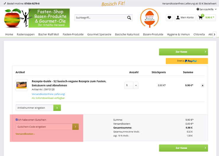 wie ist ein Fasten-Shop  Gutscheincode einzulösen