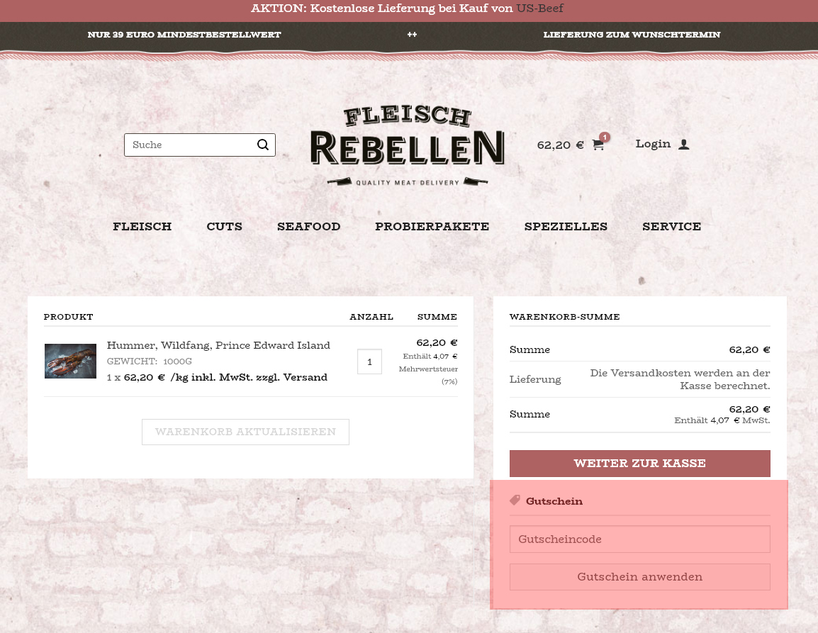 wie ist ein Fleischrebellen Gutscheincode einzulösen