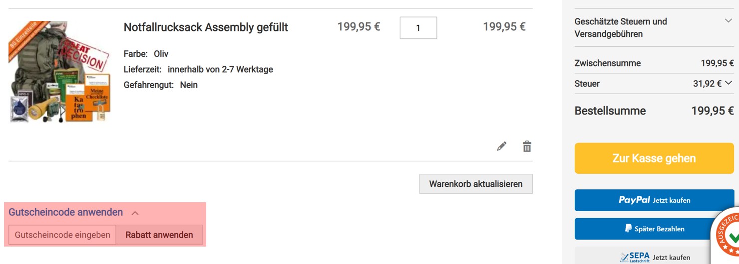 wie ist ein Fluchtrucksack.de Gutscheincode einzulösen