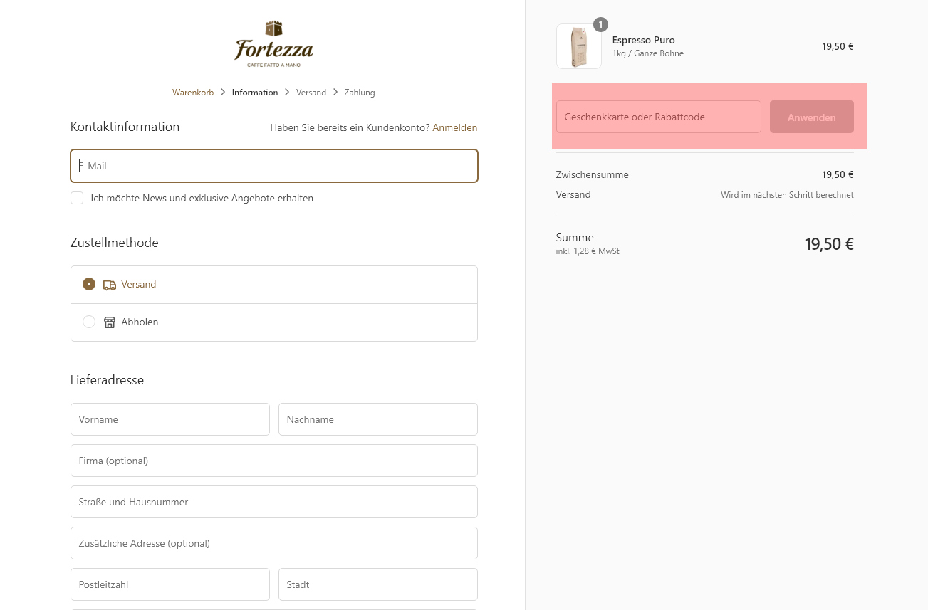 wie ist ein Fortezza Espresso  Gutscheincode einzulösen
