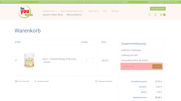 wie ist ein For you ehealth Gutscheincode einzulösen