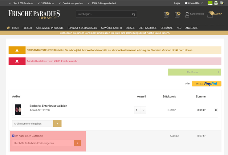 wie ist ein Frischeparadies Shop  Gutscheincode einzulösen