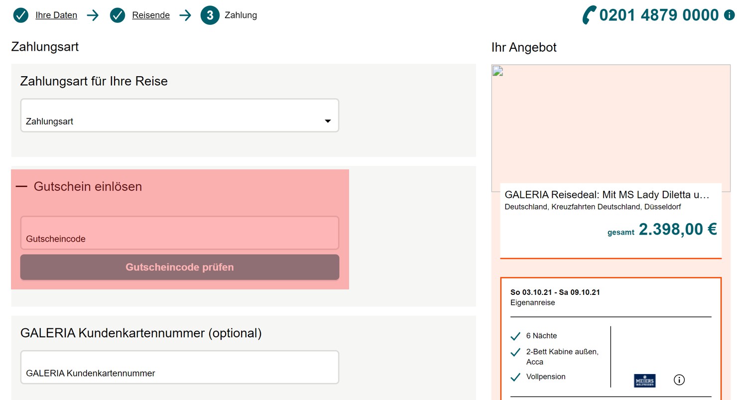 wie ist ein galeria reisen Gutscheincode einzulösen