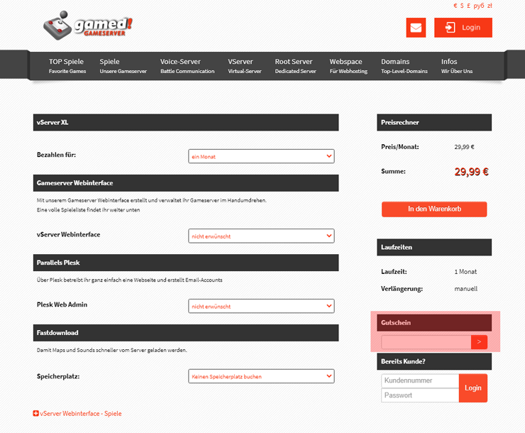 wie ist ein Gamed! Gameserver Gutscheincode einzulösen