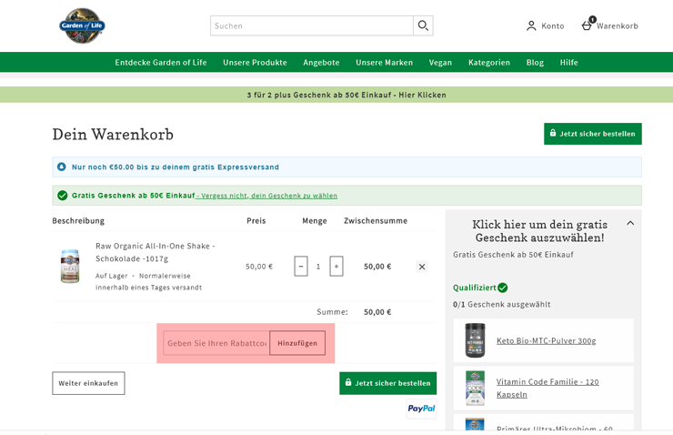 wie ist ein Garden of Life Gutscheincode einzulösen