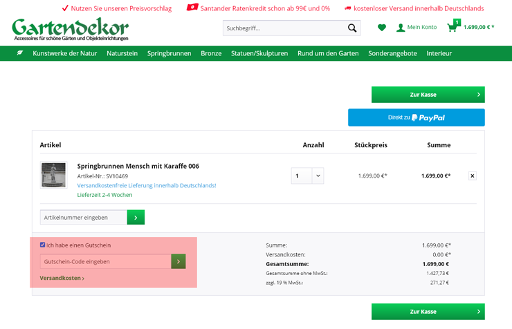 wie ist ein Gartendekor Lippstadt  Gutscheincode einzulösen