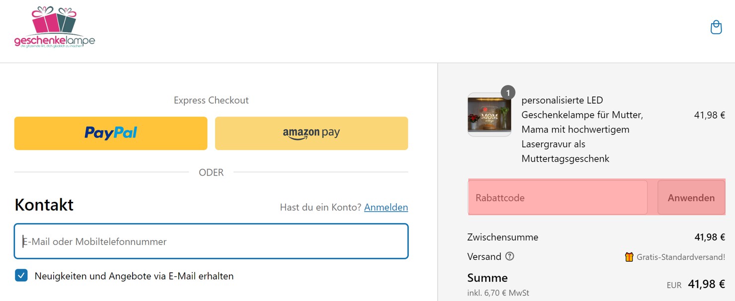 wie ist ein Geschenkelampe Gutscheincode einzulösen