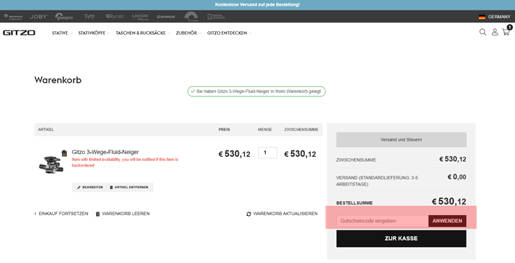 wie ist ein Gitzo Gutscheincode einzulösen