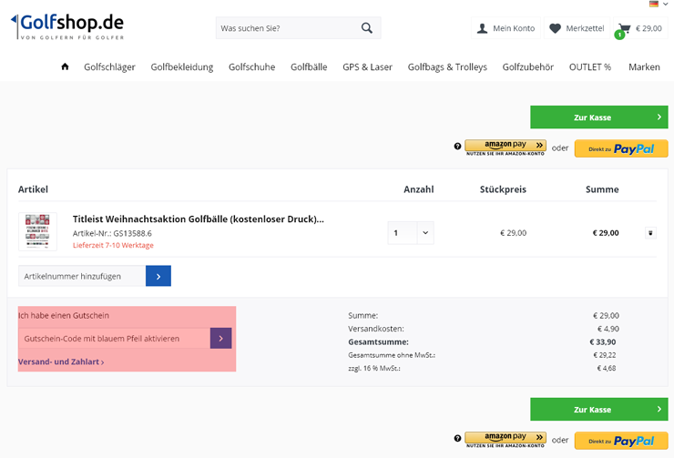 wie ist ein Golfshop Gutscheincode einzulösen