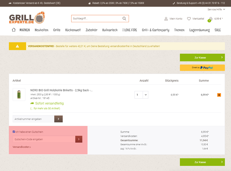 wie ist ein Grill Experte.de Gutscheincode einzulösen