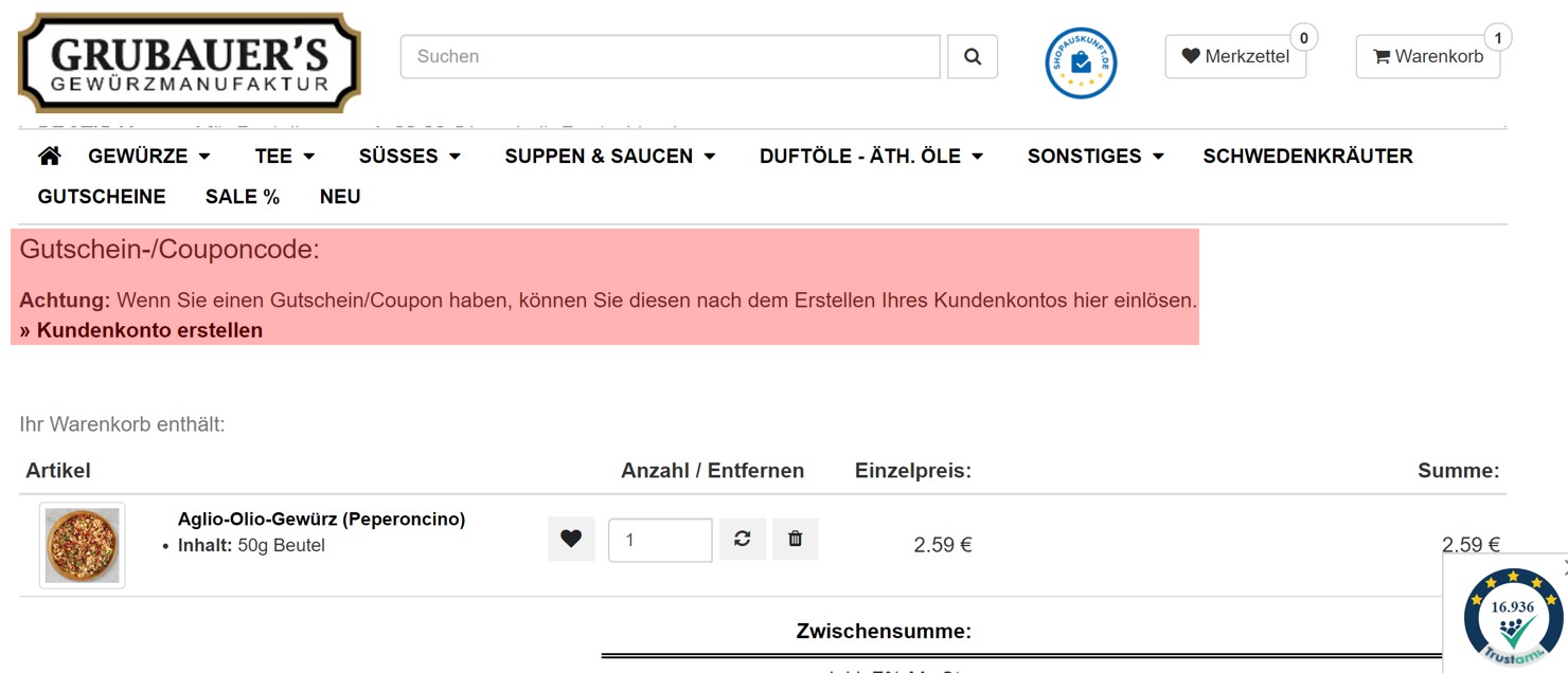 wie ist ein Grubauers Gewürze Gutscheincode einzulösen