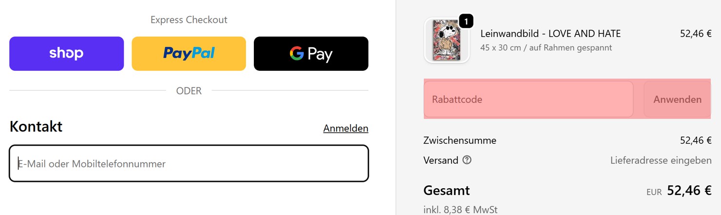 wie ist ein Hammer Wandbilder Gutscheincode einzulösen
