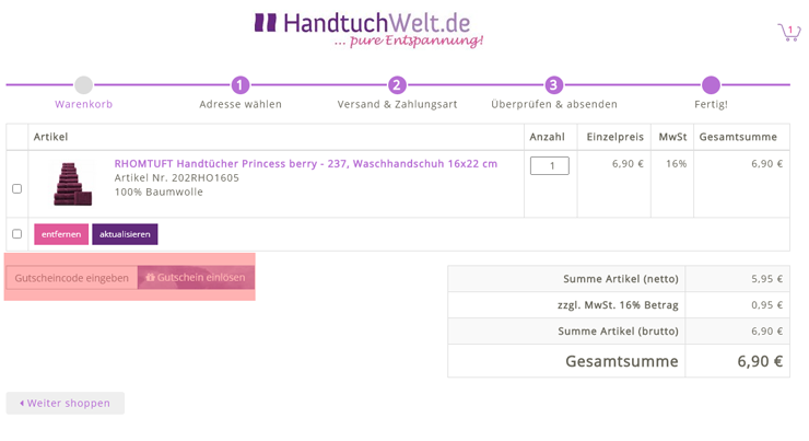 wie ist ein Handtuch Welt Gutscheincode einzulösen