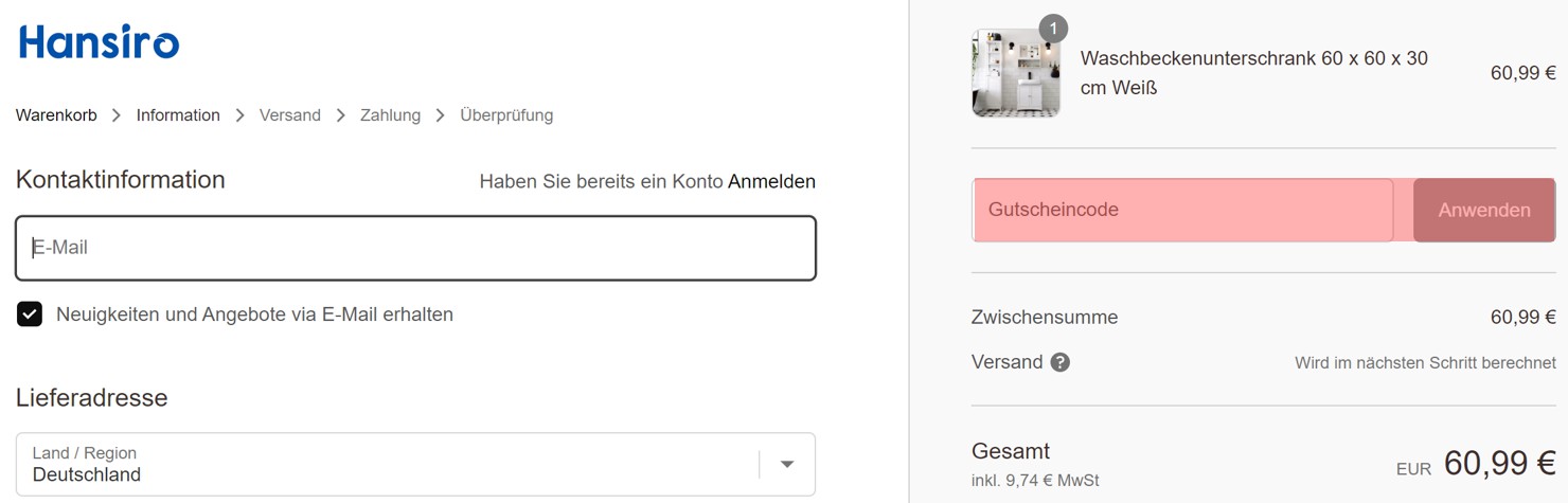 wie ist ein Hansiro Gutscheincode einzulösen