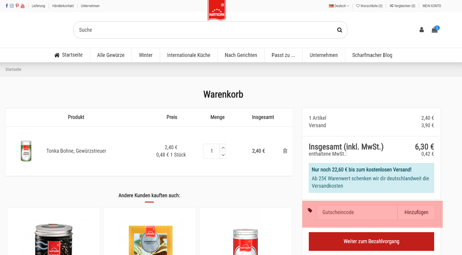 wie ist ein Hartkorn Gewürze Gutscheincode einzulösen