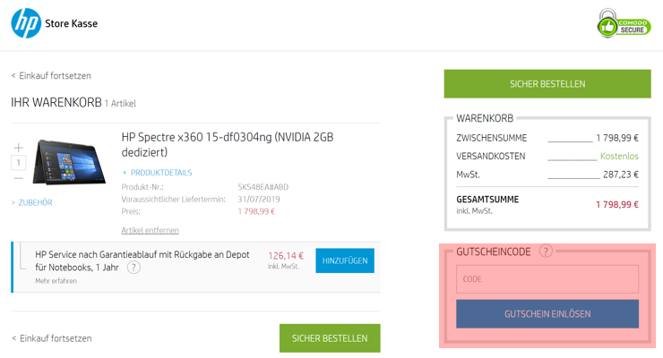 wo muss ein HP Online Store Gutscheincode eingeloest werden