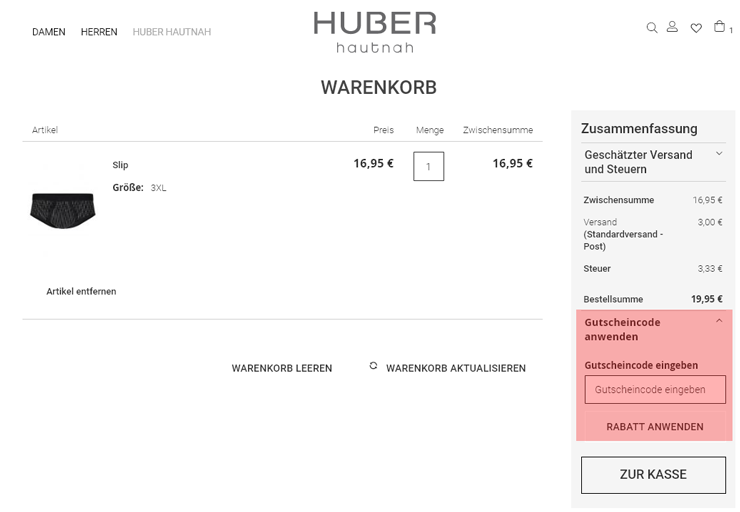 wie ist ein Huber Bodywear  Gutscheincode einzulösen