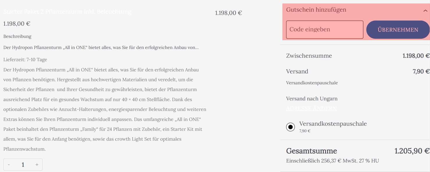 wie ist ein Hydropon Homegarden Gutscheincode einzulösen