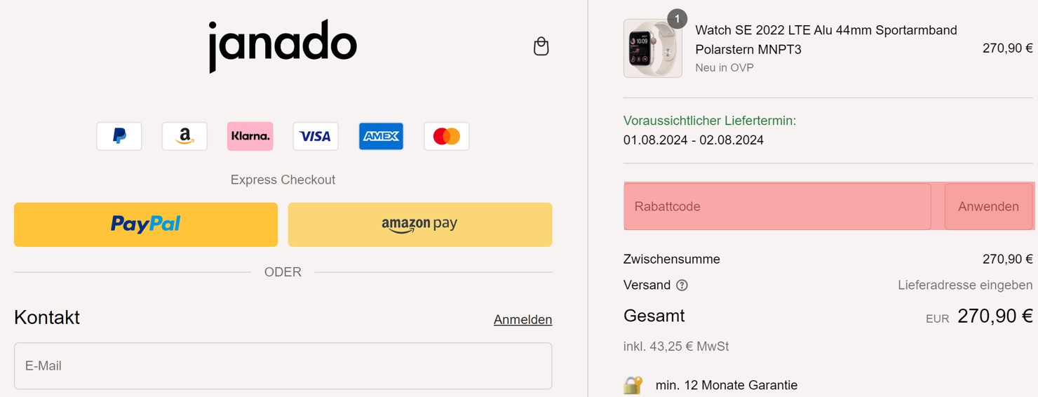 wie ist ein Janado Gutscheincode einzulösen