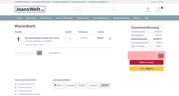 wie ist ein Jeanswelt Gutscheincode einzulösen