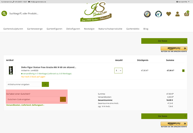 wie ist ein JS GartenDeko Gutscheincode einzulösen