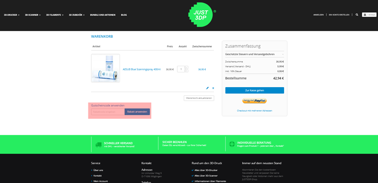 wie ist ein Just3dp Gutscheincode einzulösen