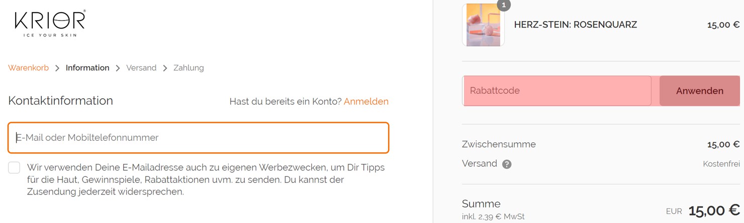 wie ist ein KRIOR Gutscheincode einzulösen