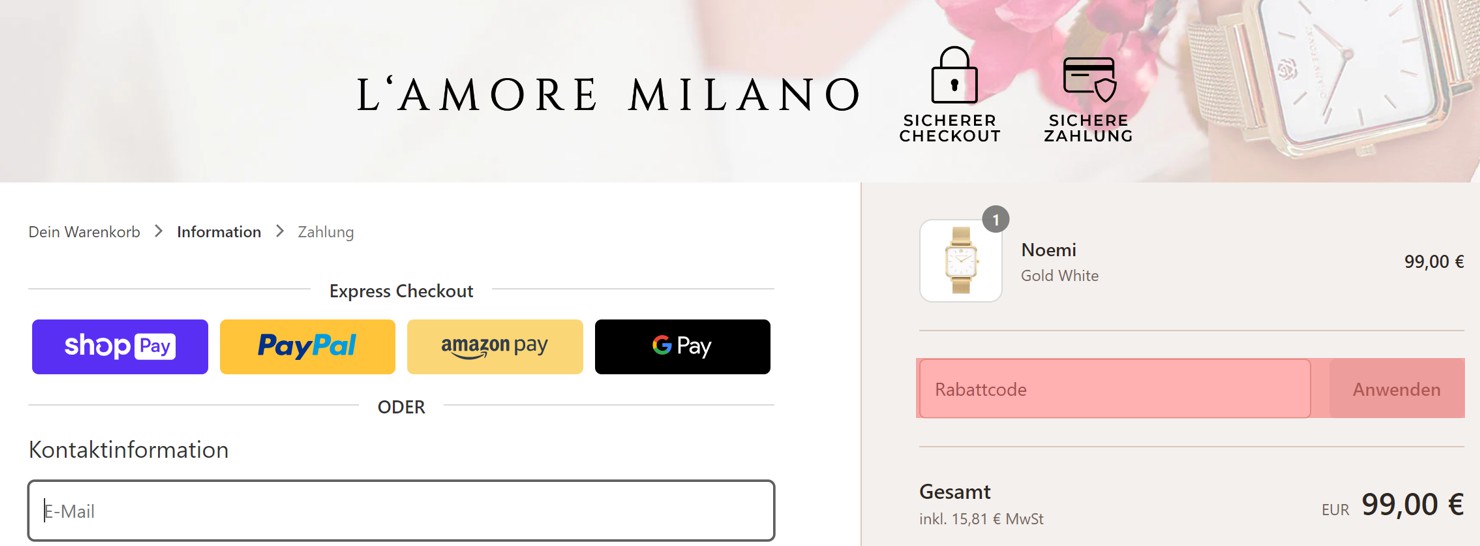 wie ist ein L'amore Milano Gutscheincode einzulösen