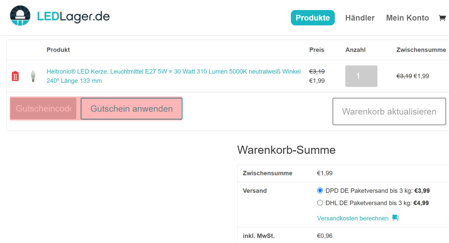 wie ist ein LEDLager Gutscheincode einzulösen