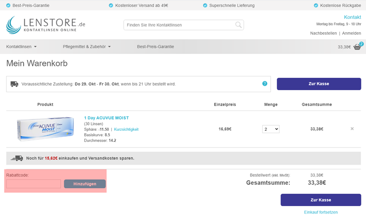 wie ist ein Lenstore Gutscheincode einzulösen
