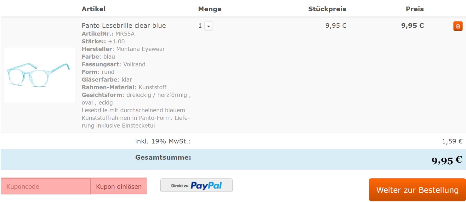 wie ist ein Lesebrillen-Markt Gutscheincode einzulösen