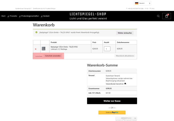 wie ist ein Lichtspiegel-Shop  Gutscheincode einzulösen