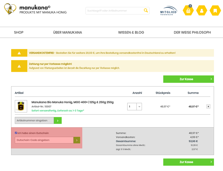 wie ist ein Manukana Gutscheincode einzulösen