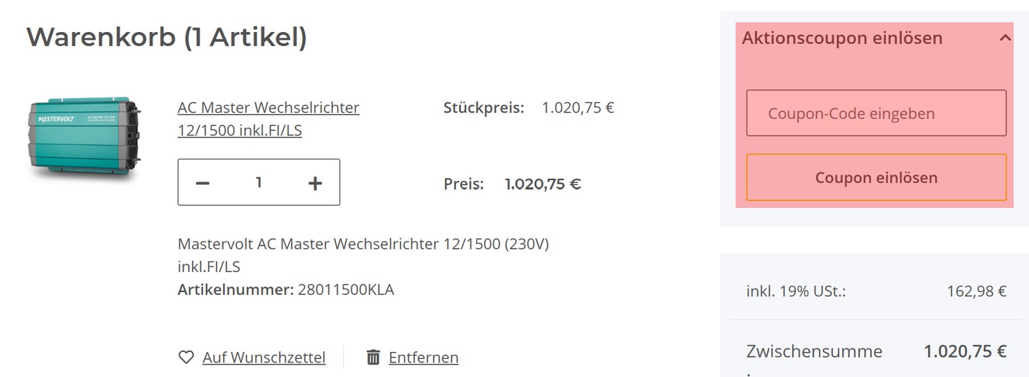 wie ist ein Mastervolt Onlineshop Gutscheincode einzulösen