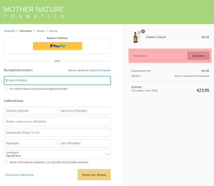 wie ist ein Mother Nature Cosmetics Gutscheincode einzulösen