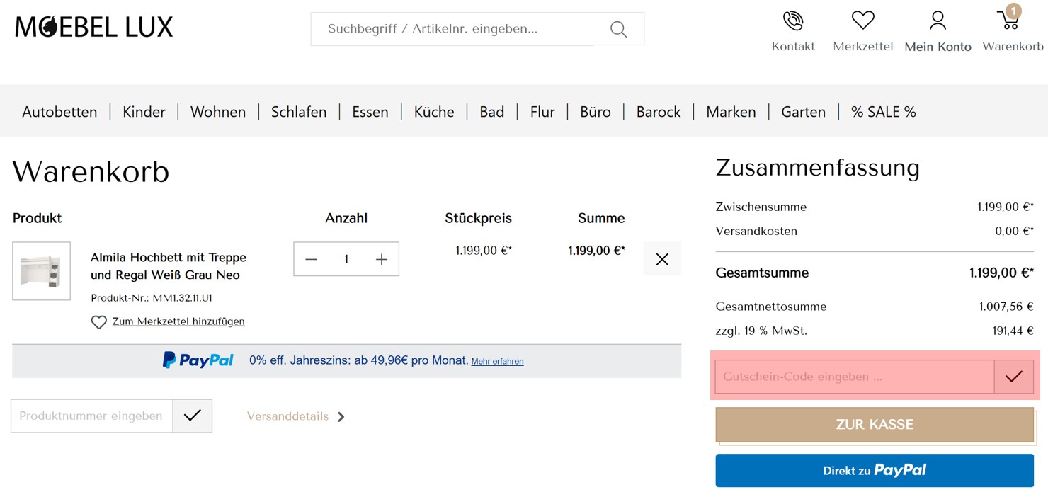 wie ist ein Möbel Lux Gutscheincode einzulösen