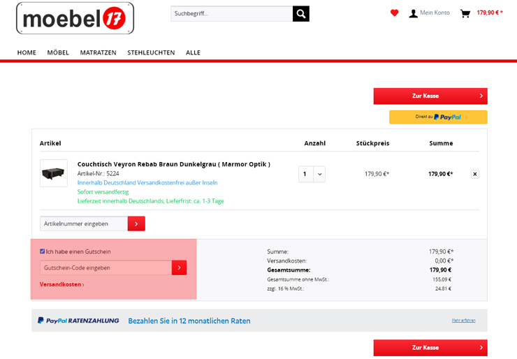 wie ist ein Moebel17 Gutscheincode einzulösen