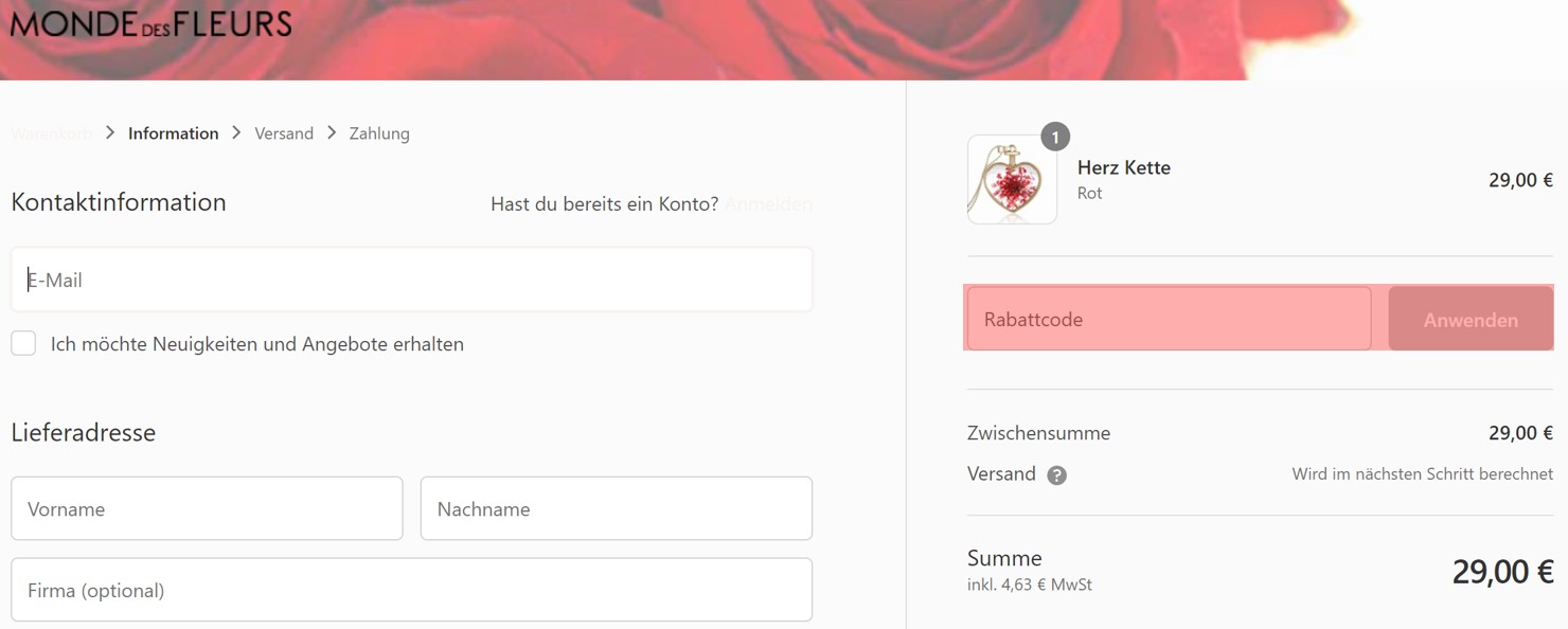 wie ist ein Monde Des Fleurs Gutscheincode einzulösen