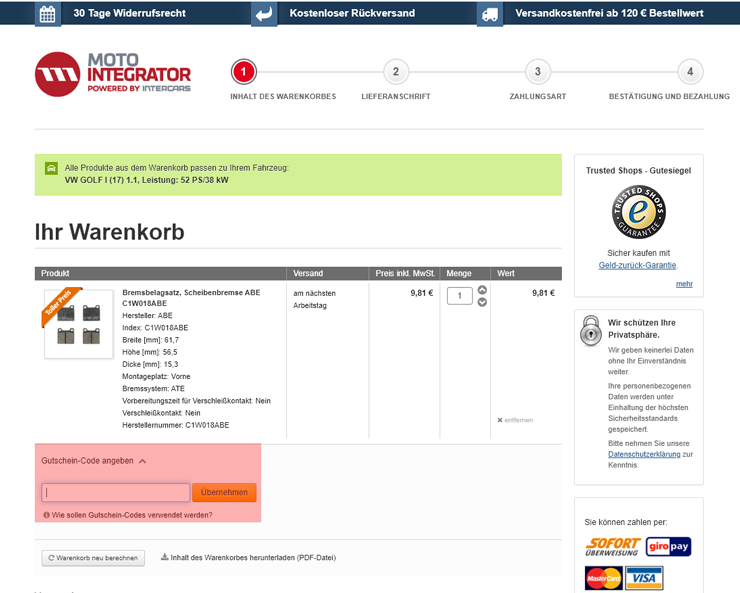 wie ist ein Motointegrator Gutscheincode einzulösen