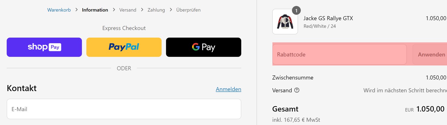 wie ist ein Motorrad Clothing Gutscheincode einzulösen