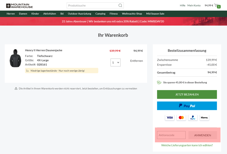 wie ist ein Mountain Warehouse Gutscheincode einzulösen