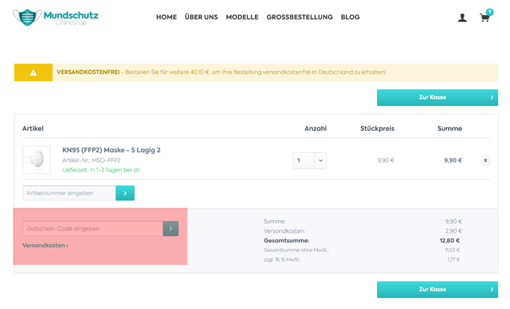 wie ist ein Mundschutz Onlineshop Gutscheincode einzulösen