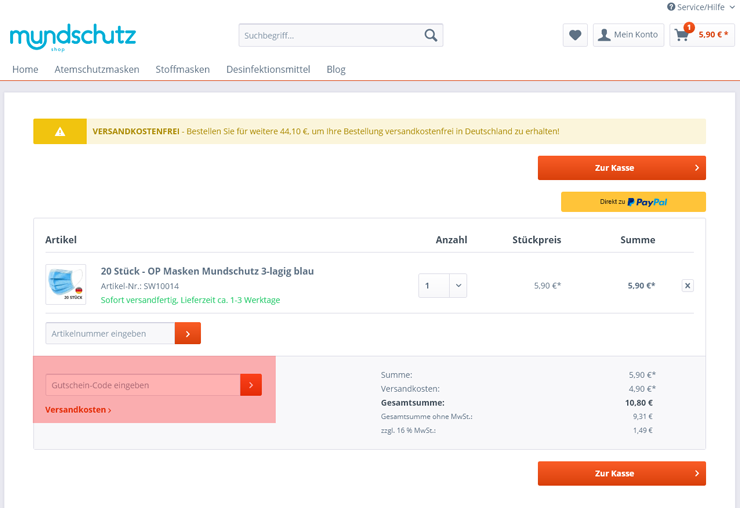 wie ist ein Mundschutzshop Gutscheincode einzulösen