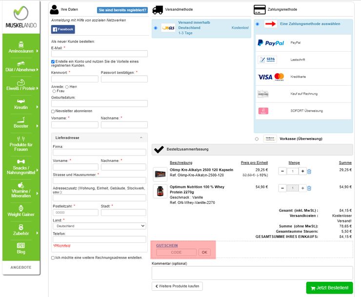 wie ist ein Muskelando Gutscheincode einzulösen