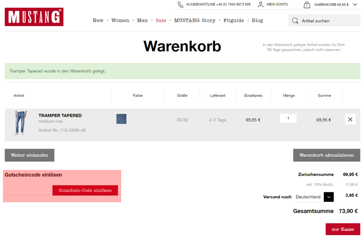 wo muss ein mustang-jeans.com Gutscheincode eingeloest werden