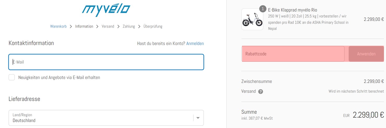 wie ist ein Myvelo Gutscheincode einzulösen