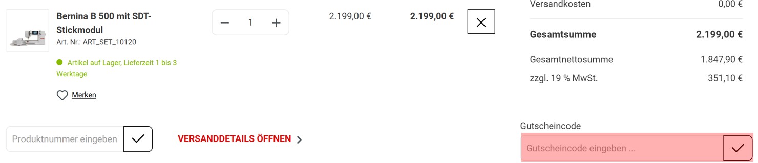 wie ist ein nähmaschinen direkt Gutscheincode einzulösen
