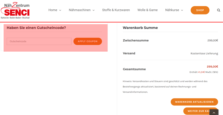 wie ist ein nähzentrum senci Gutscheincode einzulösen